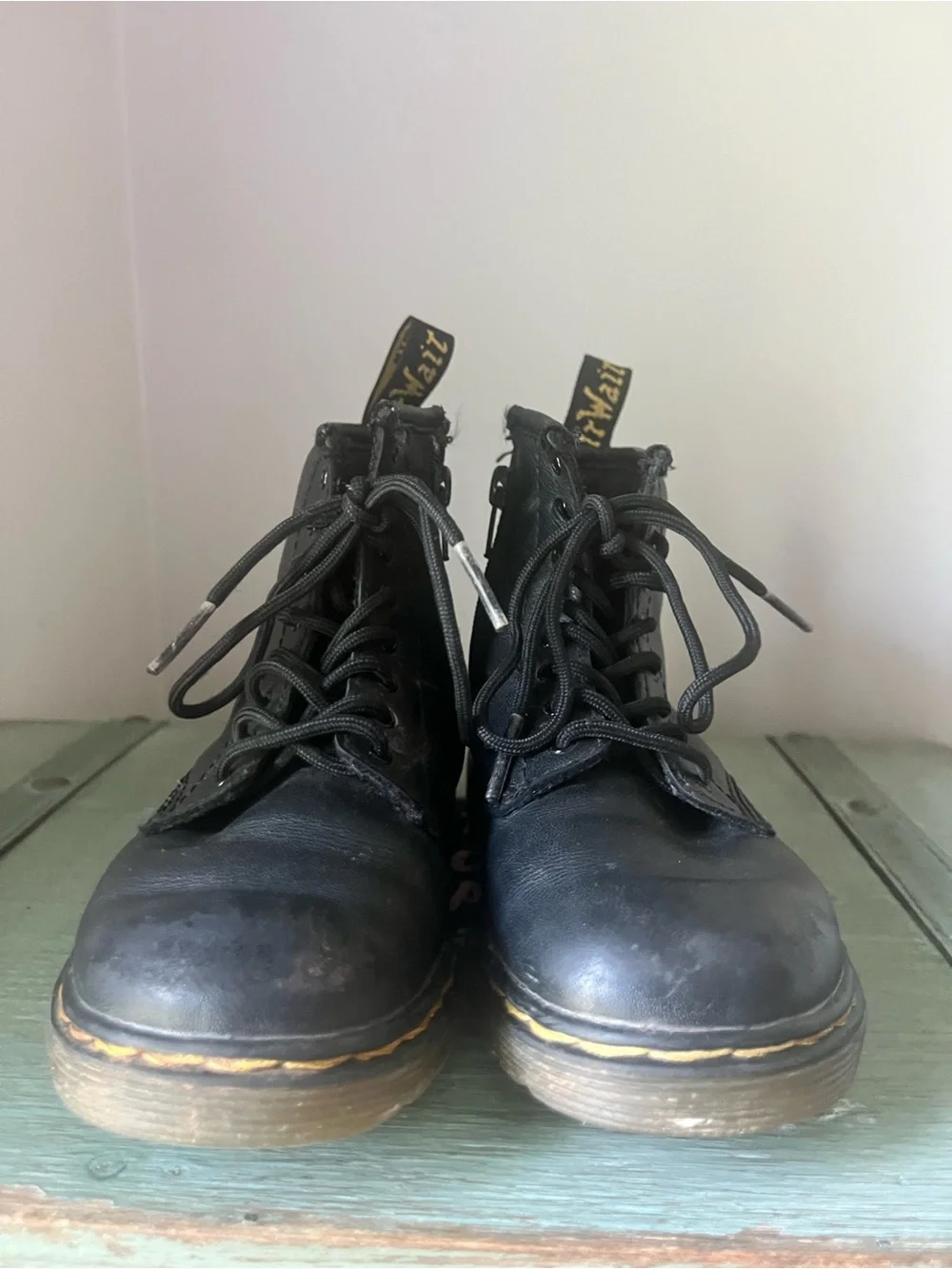 Dr. Martens Junior Kids Black Leather Lace-Up Boots with Yellow Stitching